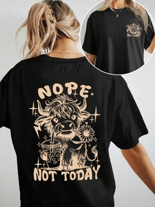 T-shirt noir en coton pour femme avec motif vache Highland et slogan Nope Not Today