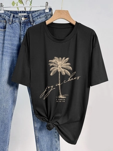 Women Casual Oversized Round Neck Short Sleeve T-Shirt Golden Palm Tree Joy In Chaos Print Milk Silk Pullover Summer Top