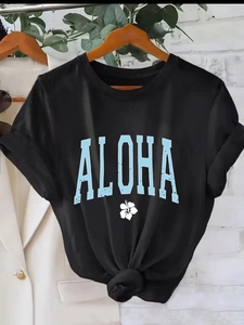 T-shirt décontracté noir pour femme avec imprimé Aloha bleu et motif de fleur