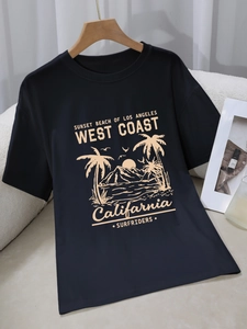 Women's black cotton T-shirt featuring vintage West Coast California sunset palm print