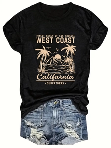 Flat lay of black cotton West Coast California print t-shirt and ripped denim shorts