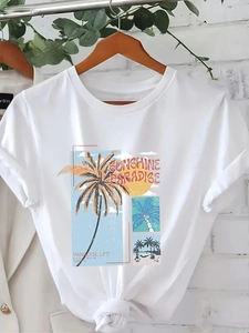 T-shirt blanc à col rond minimaliste avec imprimé graphique tropical Sunshine Paradise