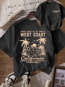 Women's black casual round neck T-shirt featuring California sunset beach vintage print