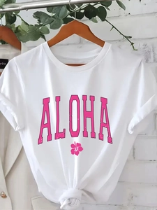 T-Shirt Décontracté pour Femmes Imprimé Aloha Manches Courtes Col Rond Vacances d'Été Top Ample Avec Fleur d'Hibiscus Ourlet Noué