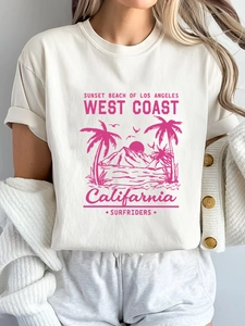 Women's white cotton West Coast print T-shirt with palm trees and pink graphic design