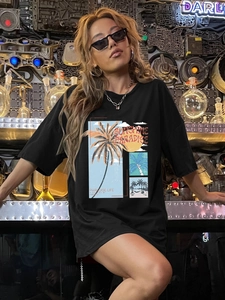 T-Shirt Oversized à Manches Courtes pour Femmes Imprimé Rétro Sunshine Paradise Palmier Streetwear Col Rond Top Été