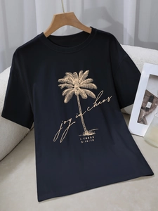 Women's Casual Round Neck Short Sleeve T-Shirt Loose Fit Polyester Top Palm Tree Letter Print Streetwear Daily Apparel