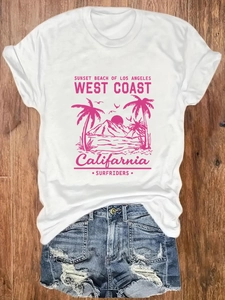 White casual round neck T-shirt with pink LA sunset print and ripped denim shorts