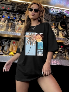 T-shirt oversize noir pour femme avec imprimé tropical Sunshine Paradise en coton