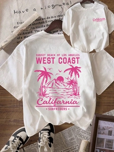 Women Retro California Printed Polyester T-Shirt Casual Round Neck Short Sleeve Summer Top For Vacation Daily Wear