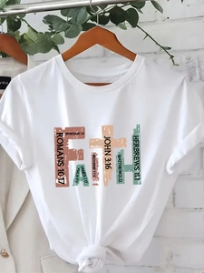 Women Casual Short Sleeve Faith Letter Print T-Shirt Religious Bible Verse Graphic Tee Top Round Neck Streetwear Summer Shirt