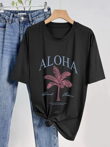 Maglietta da Donna Casual Manica Corta Girocollo Stampa Lettere ALOHA Palma Fashion Streetwear Estate Top