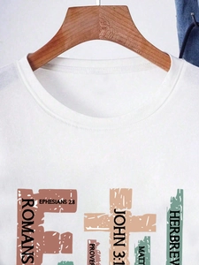 Women's white crew neck t-shirt featuring colorful religious bible verse cross print