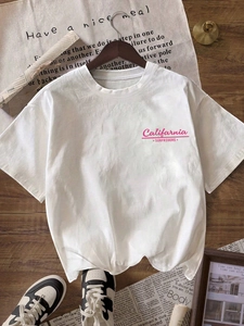 Women white cotton crew neck T-shirt with pink California Surfriders print for casual style