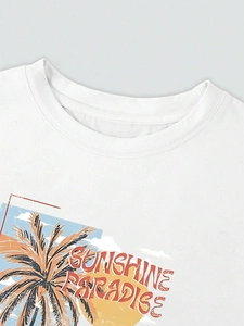 White crew neck cotton T-shirt featuring retro Sunshine Paradise palm tree graphic print