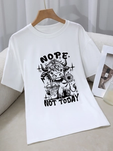 Camiseta de Manga Corta de Seda de Leche Casual para Mujer Corte Holgado Gráfico Vaca de Highlands Nope Not Today Estampado