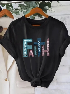 Women's black cotton faith t-shirt with colorful scripture print and round neck