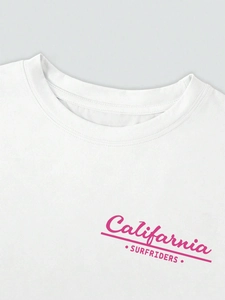 White cotton t-shirt with pink California Surfriders print and round neck detail