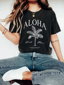 Women's dark grey casual T-shirt with white palm tree print and Aloha Good Vibes text