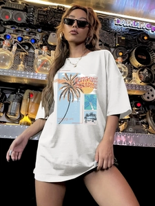 T-shirt blanc oversize avec imprimé tropical Sunshine Paradise et épaules tombantes