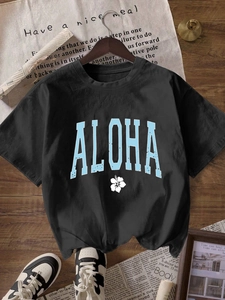 Damen Casual Kurzarm T-Shirt Locker Rundhals Aloha Buchstaben Blumen Druck Sommer Streetwear Polyester Top