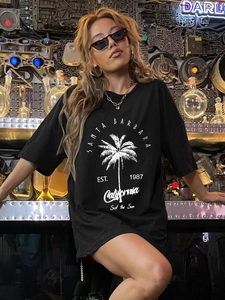 Oversized black cotton T-shirt with Santa Barbara vintage print and drop shoulder design