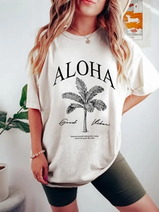 Women Round Neck Short Sleeve T-Shirt Loose Aloha Good Vibes Palm Tree Printed Summer Vacation Streetwear Top
