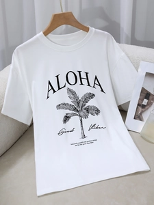 Women's white cotton T-shirt with Aloha palm tree print and round neck casual style