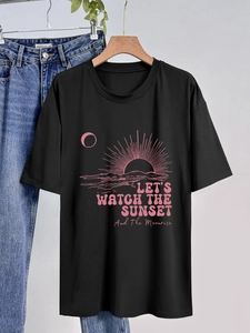 Maglietta Casual da Donna a Maniche Corte Girocollo con Stampa Sole e Luna Vestibilità Comoda Top Estivo Streetwear
