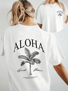 T-Shirt da Donna Casual Oversized a Maniche Corte Girocollo Top Largo con Stampa Lettere Aloha e Palma Maglietta per Vacanze Estive