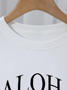White crew neck cotton T-shirt with black ALOH letter print in a minimalist casual style