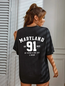 T-shirt noir oversize pour femme avec motif Maryland 91 imprimé au dos et col rond