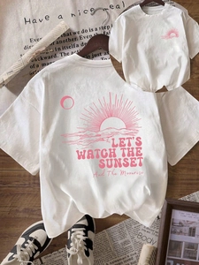 T-Shirt Décontracté à Manches Courtes Col Rond pour Femmes Imprimé Coucher de Soleil Soie de Lait Noir Blanc
