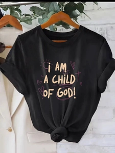 Women Casual I AM A CHILD OF GOD Printed T-Shirt Round Neck Short Sleeve Polyester Loose Streetwear Summer Top