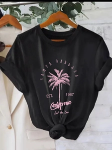 Women Casual Round Neck Short Sleeve T-Shirt California Palm Tree Printed Letter Loose Streetwear Summer Retro Top