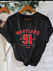 Women American Retro Maryland Letter Print T-Shirt Round Neck Short Sleeve Knotted Hem Casual Loose Polyester Top