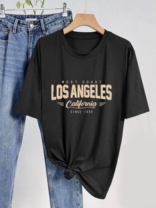 Women American Street Style Casual T-Shirt Round Neck Short Sleeve Loose Top West Coast Letter Print Retro Fashion Tee