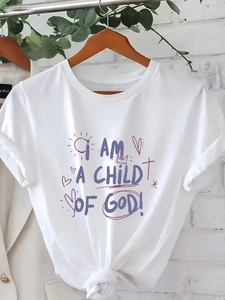 Women's white crewneck t-shirt with purple Child of God print and hand-drawn religious art