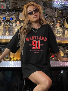 Maglietta da Donna Oversize in Seta di Latte Spazzolata Stampa Retro Maryland 91 Manica Corta Girocollo Streetwear Casual Top