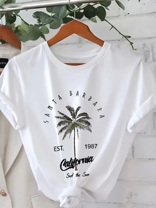 Women's white cotton T-shirt with Santa Barbara palm tree print and knotted waist
