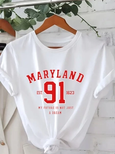 White cotton t-shirt featuring Maryland 91 vintage red print on a wooden hanger