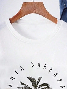 White crew neck T-shirt with Santa Barbara palm tree print and minimalist cotton texture