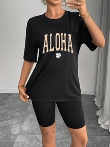 Women's black two-piece casual sports set with Aloha print T-shirt and cycling shorts