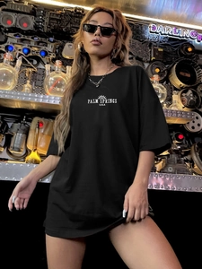 Übergroßes schwarzes Baumwoll-T-Shirt mit Palm Springs-Aufdruck für Casual Streetwear
