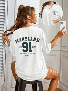 T-Shirt Surdimensionné pour Femmes Maryland 91 Imprimé Lettres Décontracté Col Rond Manches Courtes Streetwear Haut en Coton