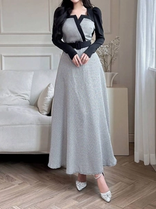 Elegant Women Square Neck Splicing Houndstooth Tweed Long Sleeve Dress With Belt Office Commuter A-Line Maxi Dress