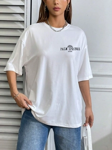 Women's white loose casual T-shirt with Palm Springs graphic and comfortable crew neck