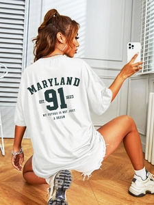 T-shirt blanc oversize en coton pour femme avec imprimé Maryland 91 au dos et texte motivant