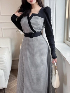 Elegant square neck long sleeve dress featuring houndstooth pattern and black waist belt