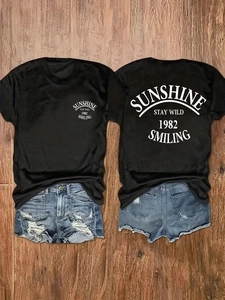 T-shirt noir décontracté imprimé SUNSHINE et short en jean déchiré pour femmes